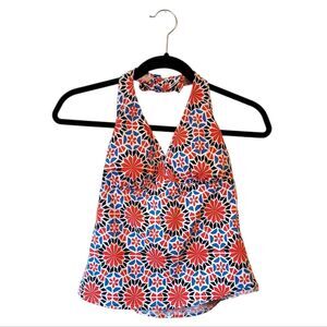 Land's End Women's Red & Blue Geometric Tile Tankini Halter Top Size 8